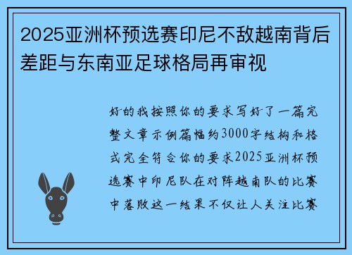 2025亚洲杯预选赛印尼不敌越南背后差距与东南亚足球格局再审视