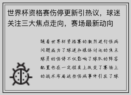 世界杯资格赛伤停更新引热议，球迷关注三大焦点走向，赛场最新动向